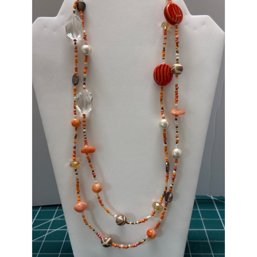 Boho Multi Strand‎ Beaded Necklace Orange Faux Pearl Crystal Long Layered